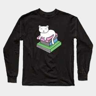 Cat resting on a pile of books Long Sleeve T-Shirt